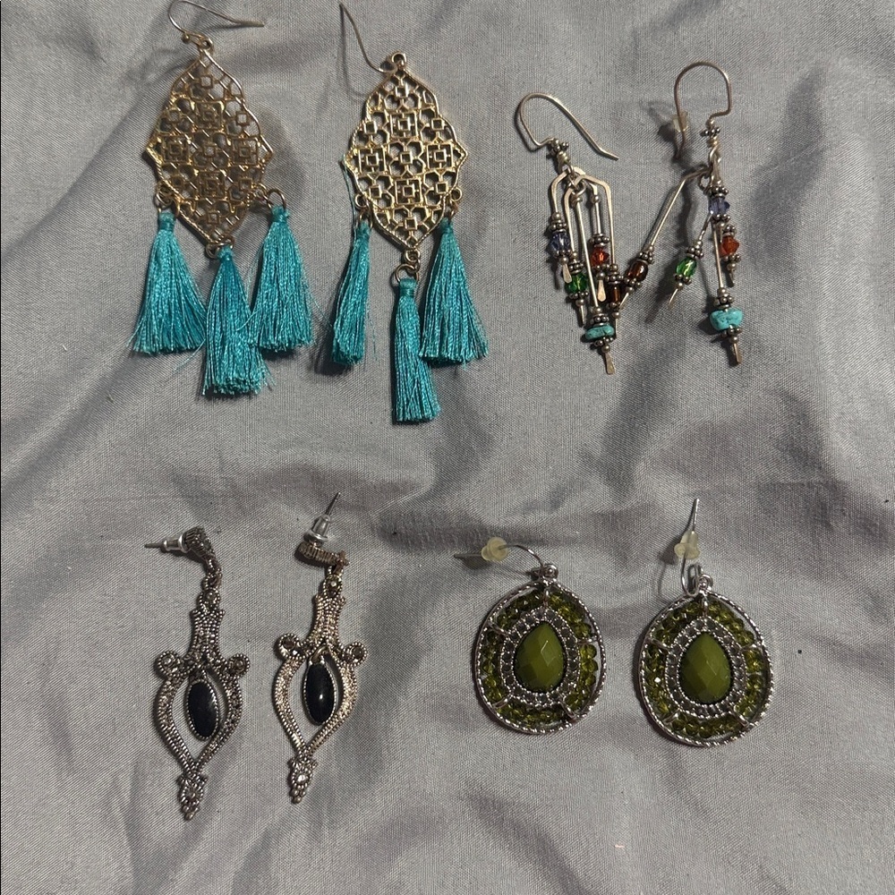 Four Sets of Bohemian Earrings with Tassels and Beads